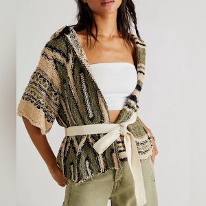 Free People Knit Boho Green Beige Cardigan Sweater Wrap NWT New Sz Small